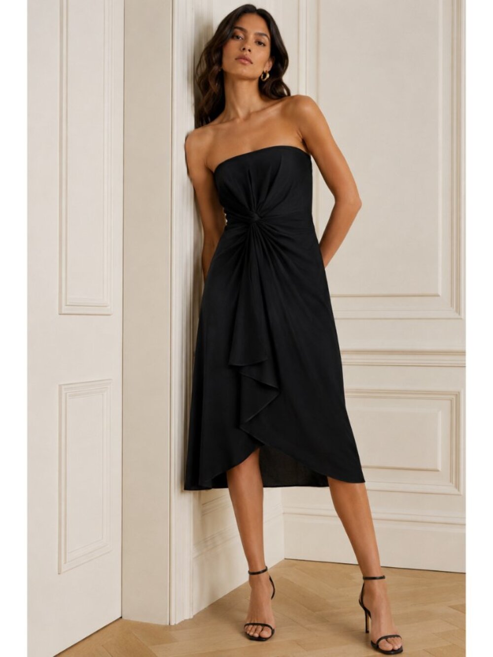 A.L.C. Roya Twist Front Ruching Strapless Midi Dress in Black